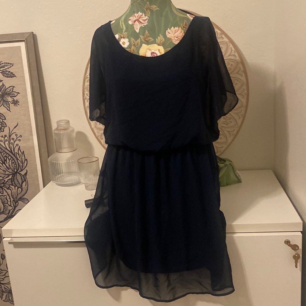 Dark navy polyester sheer layered dress.